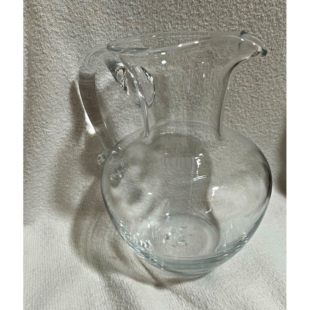 Simon Pearce Meridian Glass Pitcher Handle Spout Pontil Mark 9in 64oz Clear